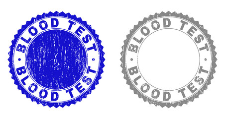 Grunge BLOOD TEST stamp seals isolated on a white background. Rosette seals with grunge texture in blue and grey colors. Vector rubber watermark of BLOOD TEST label inside round rosette.