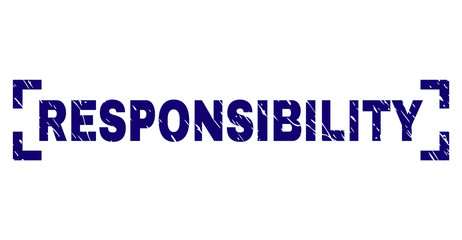 RESPONSIBILITY text seal print with corroded effect. Text label is placed between corners. Blue vector rubber print of RESPONSIBILITY with dust texture.