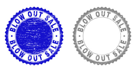Grunge BLOW OUT SALE stamp seals isolated on a white background. Rosette seals with distress texture in blue and grey colors. Vector rubber overlay of BLOW OUT SALE caption inside round rosette.