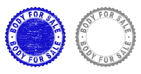Obraz premium Grunge BODY FOR SALE stamp seals isolated on a white background. Rosette seals with grunge texture in blue and gray colors. Vector rubber imprint of BODY FOR SALE caption inside round rosette.