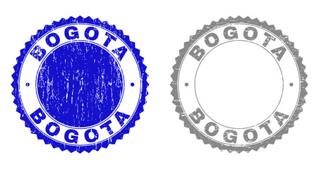 Obraz premium Grunge BOGOTA stamp seals isolated on a white background. Rosette seals with distress texture in blue and gray colors. Vector rubber imprint of BOGOTA caption inside round rosette.