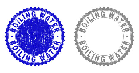 Grunge BOILING WATER stamp seals isolated on a white background. Rosette seals with grunge texture in blue and grey colors. Vector rubber overlay of BOILING WATER title inside round rosette.
