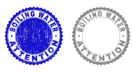 Grunge BOILING WATER ATTENTION stamp seals isolated on a white background. Rosette seals with grunge texture in blue and gray colors.