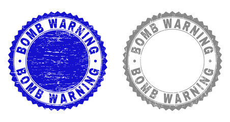 Grunge BOMB WARNING stamp seals isolated on a white background. Rosette seals with grunge texture in blue and grey colors. Vector rubber imitation of BOMB WARNING text inside round rosette.