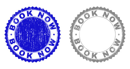 Grunge BOOK NOW stamp seals isolated on a white background. Rosette seals with grunge texture in blue and grey colors. Vector rubber overlay of BOOK NOW text inside round rosette.