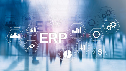 ERP system, Enterprise resource planning on blurred background. Business automation and innovation concept.