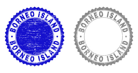 Grunge BORNEO ISLAND stamp seals isolated on a white background. Rosette seals with grunge texture in blue and gray colors. Vector rubber imprint of BORNEO ISLAND text inside round rosette.