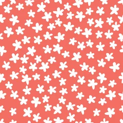 Photo sur Plexiglas Motifs floraux Fond de motif floral sans couture dans la couleur tendance de 2019, corail vivant, dessin à la main sans fin doodle abstrait de fleurs en fleurs tombantes avec pétales. Vecteur.