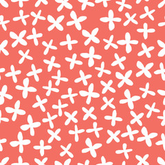 Seamless floral pattern background in trendy color of 2019, living coral, endless hand drawing abstract doodle of falling bloom flowers with petals. Vector.