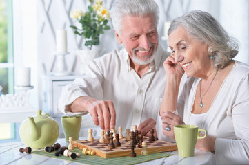 Portrait of happy senior couple playing chess together