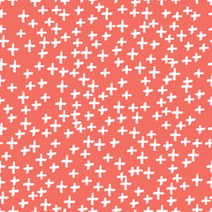 Seamless pattern background in trendy color of 2019, living coral, endless hand drawing abstract doodle of crosses or stars, snowflakes or snow, this year. Vector.