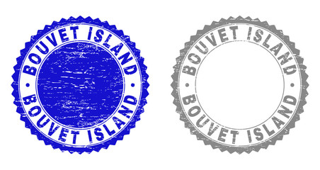 Grunge BOUVET ISLAND stamp seals isolated on a white background. Rosette seals with grunge texture in blue and gray colors. Vector rubber imitation of BOUVET ISLAND caption inside round rosette.