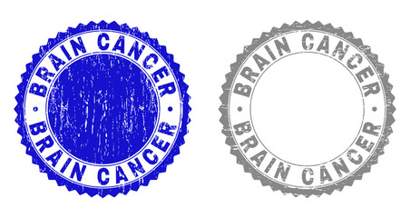 Grunge BRAIN CANCER stamp seals isolated on a white background. Rosette seals with distress texture in blue and grey colors. Vector rubber imprint of BRAIN CANCER caption inside round rosette.