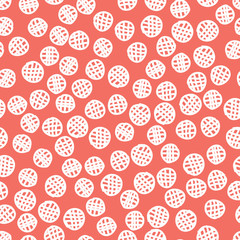 Seamless pattern background in trendy color of 2019, living coral, endless hand drawing abstract doodle of dots or circles, ovals, bubbles or snow, this year. Vector.