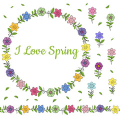 Colorful wreath from different spring flowers. Endless horizontal brush. Seamless horizontal border.