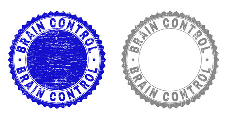 Grunge BRAIN CONTROL stamp seals isolated on a white background. Rosette seals with grunge texture in blue and grey colors. Vector rubber imprint of BRAIN CONTROL tag inside round rosette.
