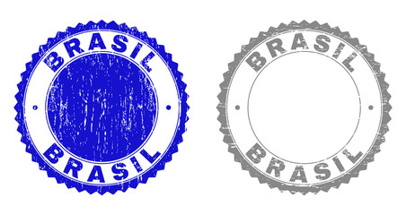 Grunge BRASIL stamp seals isolated on a white background. Rosette seals with distress texture in blue and gray colors. Vector rubber imitation of BRASIL title inside round rosette.