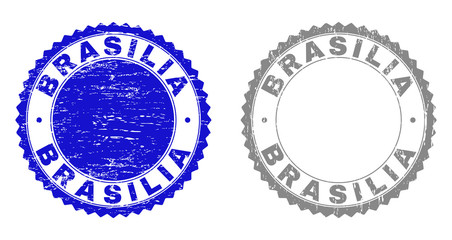 Grunge BRASILIA stamp seals isolated on a white background. Rosette seals with grunge texture in blue and gray colors. Vector rubber watermark of BRASILIA text inside round rosette.