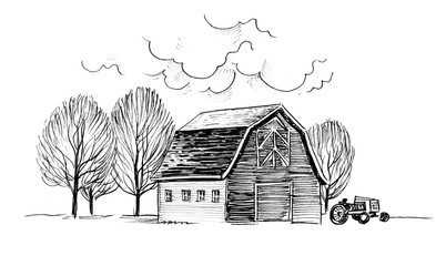 Old barn and trees. Ink black and white illustration © berdsigns