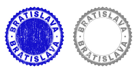 Grunge BRATISLAVA stamp seals isolated on a white background. Rosette seals with grunge texture in blue and grey colors. Vector rubber watermark of BRATISLAVA tag inside round rosette.
