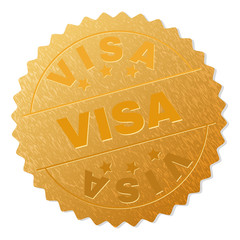 VISA gold stamp medallion. Vector golden award with VISA text. Text labels are placed between parallel lines and on circle. Golden surface has metallic effect.