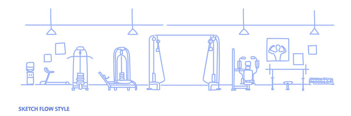 modern gym interior equipment for workout empty no people health fitness club sketch flow style horizontal