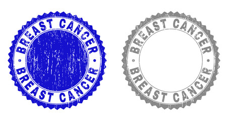 Grunge BREAST CANCER stamp seals isolated on a white background. Rosette seals with grunge texture in blue and grey colors. Vector rubber overlay of BREAST CANCER title inside round rosette.