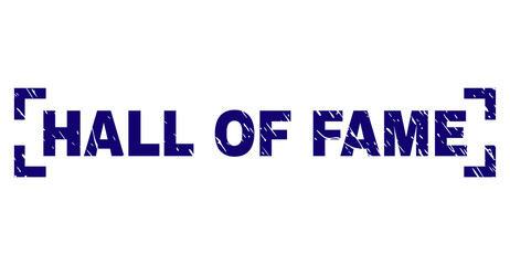 HALL OF FAME text seal print with distress effect. Text title is placed between corners. Blue vector rubber print of HALL OF FAME with corroded texture.