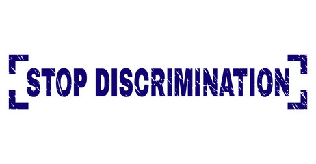 STOP DISCRIMINATION text seal stamp with distress texture. Text title is placed inside corners. Blue vector rubber print of STOP DISCRIMINATION with scratched texture.