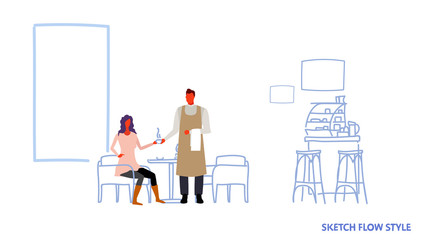 man waiter serving coffee drink to woman visitor sitting at cafe table modern restaurant interior male female cartoon characters full length sketch flow style horizontal