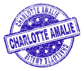 CHARLOTTE AMALIE stamp seal watermark with grunge texture. Designed with rounded rectangles and circles. Blue vector rubber print of CHARLOTTE AMALIE label with grunge texture.