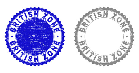 Grunge BRITISH ZONE stamp seals isolated on a white background. Rosette seals with grunge texture in blue and grey colors. Vector rubber watermark of BRITISH ZONE caption inside round rosette.