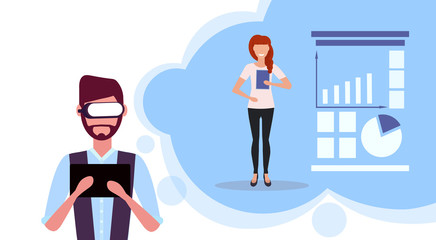 businessman wearing digital glasses virtual reality business woman making presentation financial statistic graph online report vision headset concept horizontal isolated flat