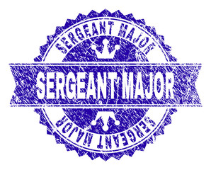 SERGEANT MAJOR rosette seal watermark with distress style. Designed with round rosette, ribbon and small crowns. Blue vector rubber watermark of SERGEANT MAJOR title with retro style.