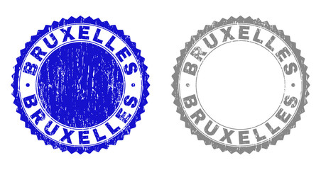 Grunge BRUXELLES stamp seals isolated on a white background. Rosette seals with grunge texture in blue and grey colors. Vector rubber imprint of BRUXELLES text inside round rosette.