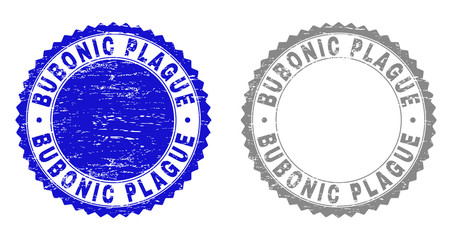Obraz premium Grunge BUBONIC PLAGUE stamp seals isolated on a white background. Rosette seals with grunge texture in blue and grey colors. Vector rubber watermark of BUBONIC PLAGUE title inside round rosette.