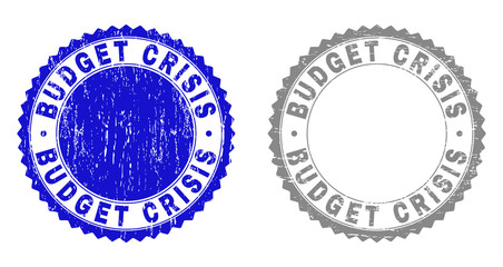 Grunge BUDGET CRISIS stamp seals isolated on a white background. Rosette seals with grunge texture in blue and grey colors. Vector rubber watermark of BUDGET CRISIS title inside round rosette.