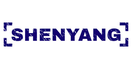 SHENYANG title seal print with grunge texture. Text label is placed inside corners. Blue vector rubber print of SHENYANG with scratched texture.