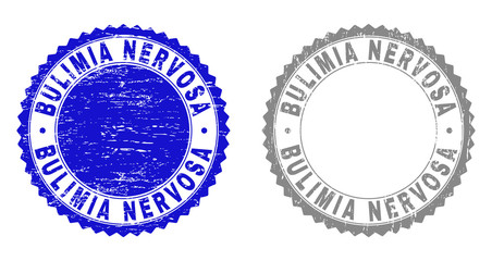 Grunge BULIMIA NERVOSA stamp seals isolated on a white background. Rosette seals with grunge texture in blue and grey colors. Vector rubber imitation of BULIMIA NERVOSA tag inside round rosette.