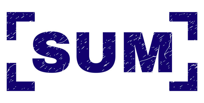 SUM title seal print with distress texture. Text caption is placed inside corners. Blue vector rubber print of SUM with corroded texture.