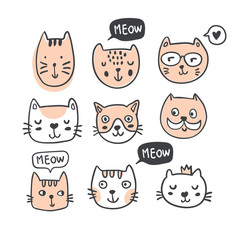 Funny doodle outline cats faces collection