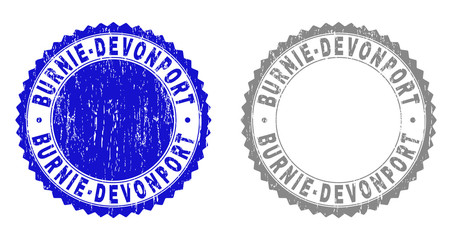 Grunge BURNIE-DEVONPORT stamp seals isolated on a white background. Rosette seals with grunge texture in blue and gray colors. Vector rubber imitation of BURNIE-DEVONPORT caption inside round rosette.