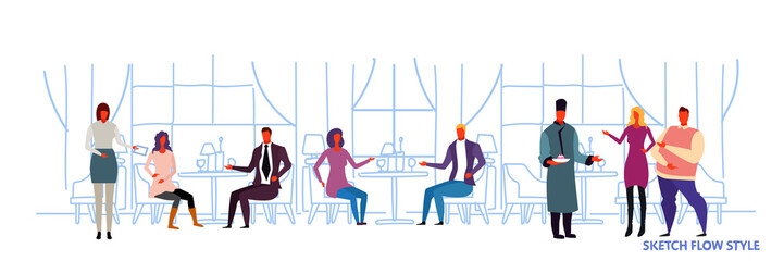 people visitors sitting at restaurant tables waiters showing hospitality and serving guests modern cafe interior design sketch flow style horizontal banner
