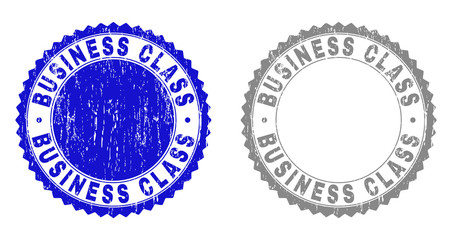 Grunge BUSINESS CLASS stamp seals isolated on a white background. Rosette seals with grunge texture in blue and grey colors. Vector rubber watermark of BUSINESS CLASS label inside round rosette.