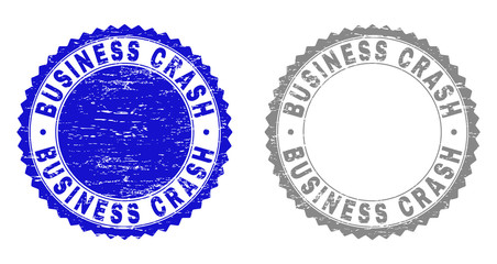 Grunge BUSINESS CRASH stamp seals isolated on a white background. Rosette seals with grunge texture in blue and gray colors. Vector rubber overlay of BUSINESS CRASH title inside round rosette.