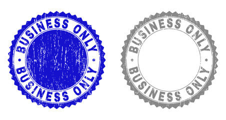 Grunge BUSINESS ONLY stamp seals isolated on a white background. Rosette seals with grunge texture in blue and gray colors. Vector rubber watermark of BUSINESS ONLY title inside round rosette.