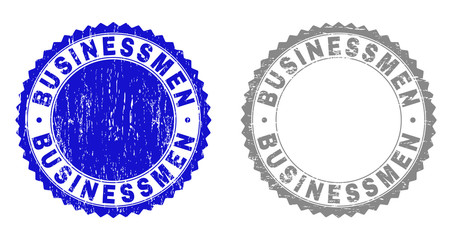Grunge BUSINESSMEN stamp seals isolated on a white background. Rosette seals with grunge texture in blue and grey colors. Vector rubber watermark of BUSINESSMEN label inside round rosette.