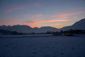 Sonnenuntergang im Februar im Alpenrheintal
