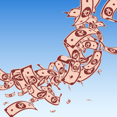 Russian ruble notes falling. Messy RUB bills on bl