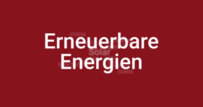 Regenerative Energie. Video Animation die eine Pr&auml;sentation zum Thema Erneuerbare Energien zeigt (z.B. Solar, Erdw&auml;rme, Windenergie, Biomasse, Wasserkraft). Brauner Hintergrund, wei&szlig;er Text.